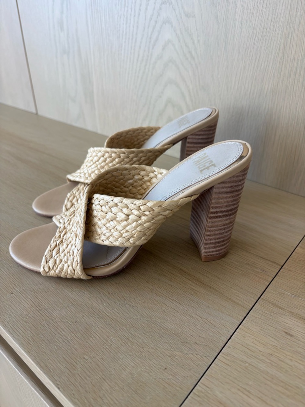 Paige Woven Straw Crisscross High Heel Mules in Natural